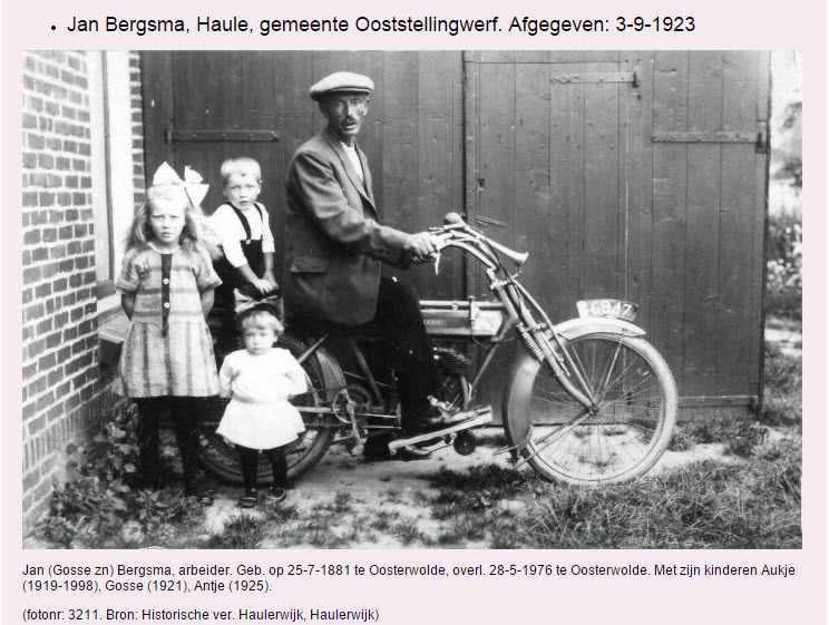 B-6947: Jan Bergsma, Haule, gemeente Ooststellingwerf. Afgegeven: 3-9-1923